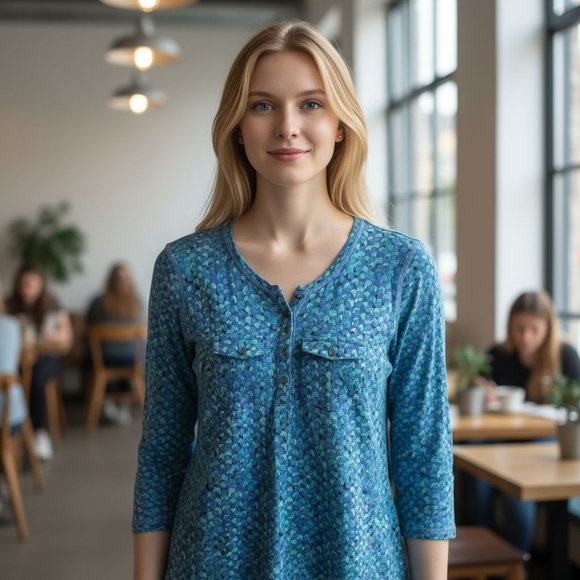 Liz Clayborne Petite Small Rayon Blue Print Top Pockets Button Neck Silky Feel - Picture 8 of 8